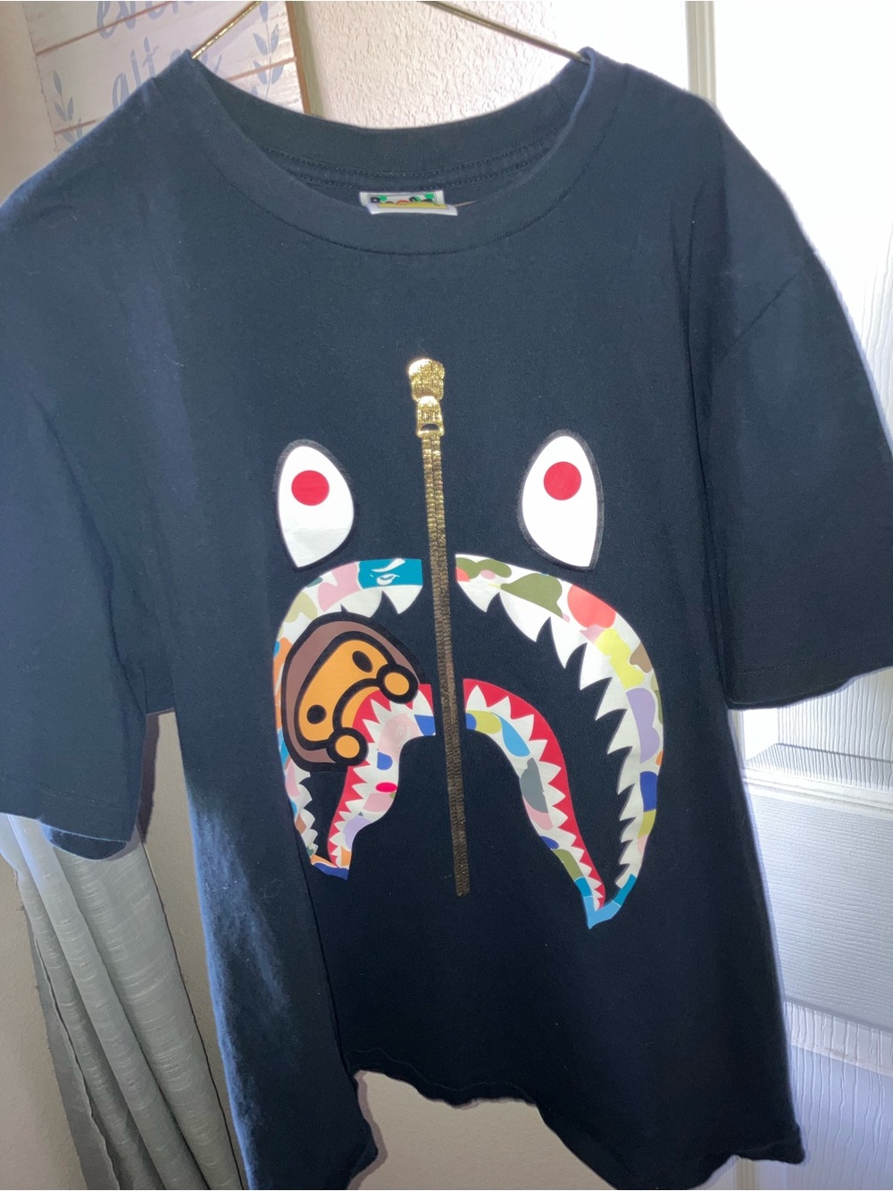 Kids Black Shark-Mouth Graphic Tee with Gold Zip Accent